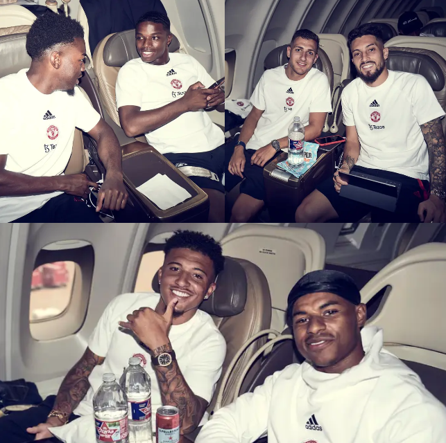 Malacia And Elanga Chats As Man United Shares Pictures Of Players On Board To Thailand